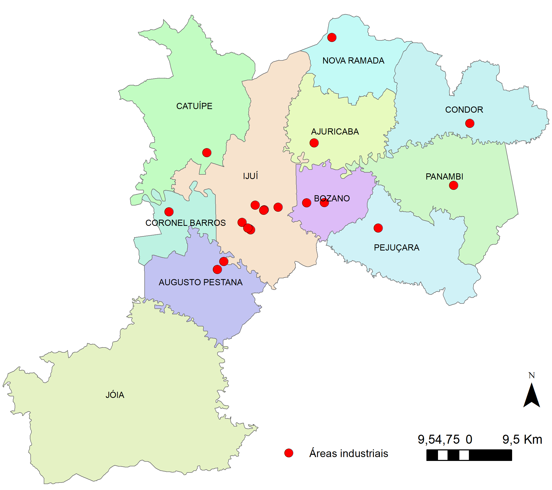 Municípios do Corede Noroeste Colonial - Localização das áreas industriaís